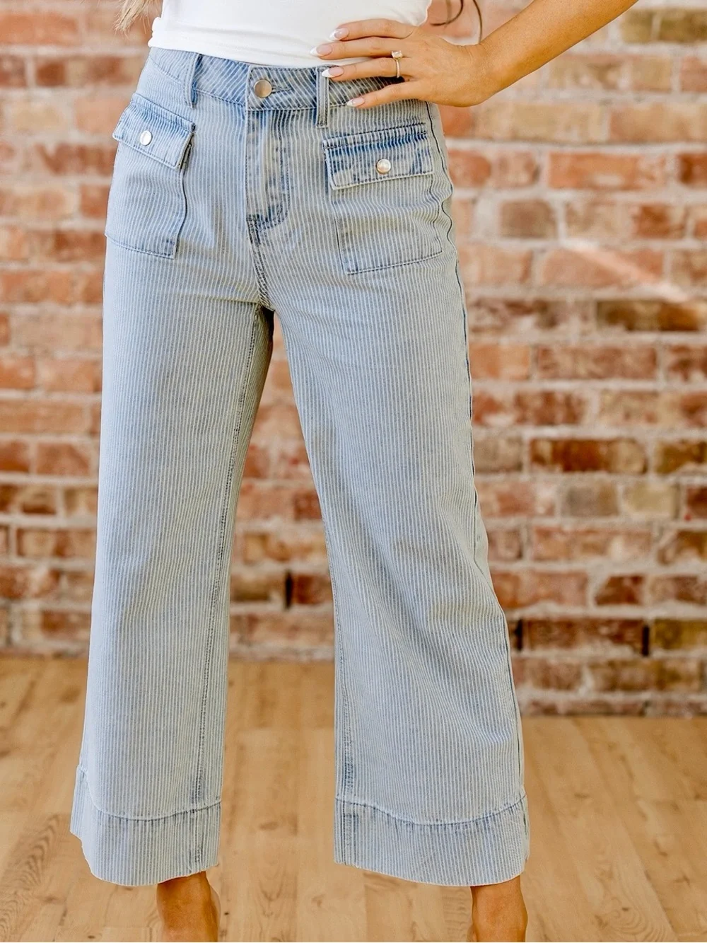 🩵Hello Gorgeous! Cute Striped Wide-Leg Cropped Jeans Light Blue